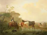George Morland, Crossing the river with cattle, oil on panel