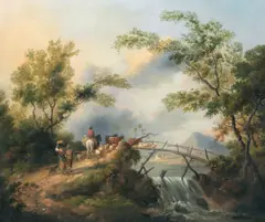 Anne Wetherill, A river landscape with figures and a cow; Drovers crossing a bridge with their flock, a pair, oil on canvas
