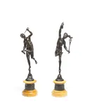 Giambologna, pair of late 19th century French patinated bronze figures of Mercury and Fortuna, patinated bronze