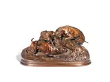 Piere Jules Mêne, late 19th / early 20th century bronze animalier group of three hunting dogs entitled 'Chasse Au Lapin (Group Chiens Au Terrier)', bronze