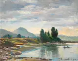 Fishermen in a river landscape by Samuel John Lamorna Birch, Ra, Rws, Rwa, oil on board, sold Oct 2016