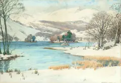 Alfred Heaton Cooper, Lake District in the snow with sheep at the water's edge