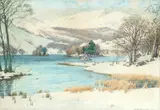 Alfred Heaton Cooper, Lake District in the snow with sheep at the water's edge