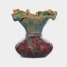 George E. Ohr, Fine ruffled vase, raspberry, pale blue, and indigo glaze