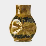 George E. Ohr, Large double-sided pinched vase, ochre, green, and gunmetal sponged-on glaze