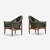 Milo Baughman, Lounge chairs, pair, c. 1975, walnut, vinyl upholstery