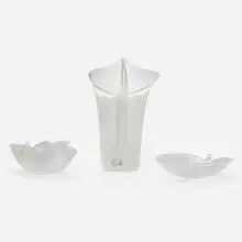 Collection of three tabletop accesssories by Tyra Lundgren, 1983, lattimo mezza filigrana glass, sold Aug 2024