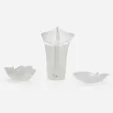 Tyra Lundgren, Collection of three tabletop accesssories, 1983, lattimo mezza filigrana glass