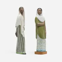 Tall Indonesiska (Indonesian) figures, set of two by Mari Simmulson, glazed stoneware, glazed stoneware mounted to wood, sold Aug 2024
