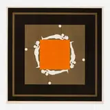 Ernest Trova, Four Figures on an Orange Square (from the Falling Man series), 1965, screenprint in colors