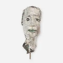 Doug Delind, Bust, c. 1980, raku-fired glazed earthenware, painted wood