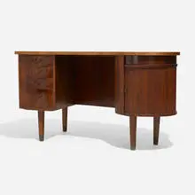 Desk, model 54 by Kai Kristiansen, c. 1955, walnut, brass, lacquered wood, glass, sold Aug 2024