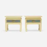Nightstands, pair by Antonio Pavia, c. 1970, lacquered wood, gilt wood, brass, fabric, sold Aug 2024
