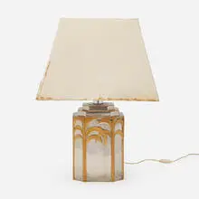 Table lamp by Vivai Del Sud, c. 1975, glazed porcelain, aluminum, linen shade, sold Aug 2024