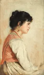 Portraits of young peasant girls, a pair by Achille Mollica, oil on panel, offered Oct 2016
