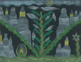 Scottie Wilson Rsa Rsw, Birds, flowers and buildings, pastel and watercolour