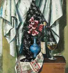 Quentin Bell, Still life with foxgloves and bottle of wine, oil on canvas