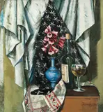 Quentin Bell, Still life with foxgloves and bottle of wine, oil on canvas