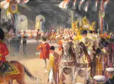 Gerald Spencer Pryse, The Coronation parade passing through Admiralty Arch, oil on canvas