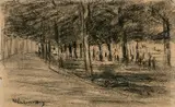 Max Liebermann, Allee mit Spaziergängern, 1907, Kreide auf bräunlichem Papier