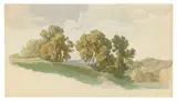 Friedrich Preller d. Ä., Feldweg in einer Hügellandschaft mit Bäumen, Um 1872, Aquarell über Tuschfeder in Grau auf cremefarbenem Karton