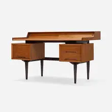 Milo Baughman, Perspective floating desk, c. 1951, tropical hardwood, leather