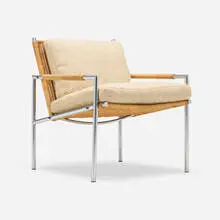 Martin Visser, Armchair, model SZ01, c. 1960, chrome-plated steel, rattan, fabric