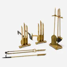 attribution Donald Deskey, Fireplace set, c. 1935, brass, enameled steel, aluminum, bristle