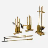 attribution Donald Deskey, Fireplace set, c. 1935, brass, enameled steel, aluminum, bristle