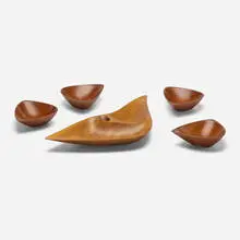 Emil Milan, Tray and four bowls, 1950, walnut, teak