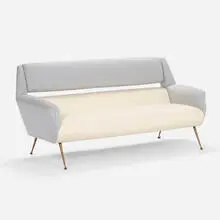 Gigi Radice, Sofa, c. 1955, upholstery, wool, cashmere, brass