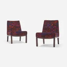 Lounge chairs model 5000A, pair by Edward Wormley, 1950, Jack Lenor velvet upholstery, walnut, sold Aug 2024