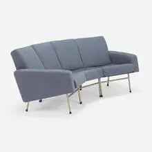Pierre Guariche, Curved sofa, 1954, upholstery, chrome-plated steel