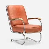Kem Weber, Lounge chair, c. 1935, chrome-plated steel, vinyl, birch, nickel-plated steel