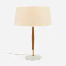 Gerald Thurston, Table lamp, c. 1960, teak, enameled steel, brass, acrylic, linen shade