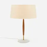 Gerald Thurston, Table lamp, c. 1960, teak, enameled steel, brass, acrylic, linen shade