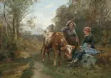 Émile Charles Dameron, Two country women and a cow in a woodland landscape, oil on canvas