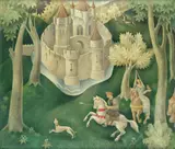 A medieval hunting scene by Billie Waters, oil on canvas laid onto board, sold Oct 2016