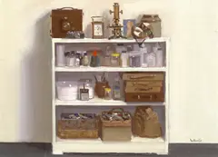 Robert Wraith, Still life with shelves, oil on canvas board