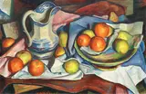 James Stroudley, Still life of fruit and blue and white jug, oil on canvas