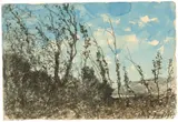 Henri Harpignies, Sträucher in einer Landschaft, 1915, Kohle und Tuschpinsel in Blau auf Bütten