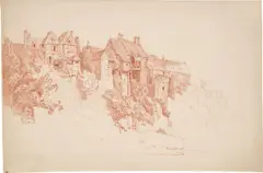 Jakob Philipp Hackert, Häuser an einem Steilufer. Wohl um 1766/67, Rötel über Bleistift auf Bütten (Wasserzeichen: Bekröntes Wappen)