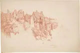 Jakob Philipp Hackert, Häuser an einem Steilufer. Wohl um 1766/67, Rötel über Bleistift auf Bütten (Wasserzeichen: Bekröntes Wappen)