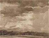Franz Innocenz Josef Kobell, Gebirgslandschaft im Unwetter, Pinsel in Sepia auf chamoisfarbenem Bütten (Wasserzeichen: Stern (Fragment))