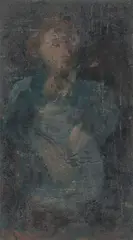 Frau im Lehnstuhl by George Bouzianis, Öl auf Holz, sold Apr 2025