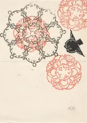 Hannah Höch, Ohne Titel (Rosetten). 1920er-Jahre, Stempel in Schwarz und Rot auf Japanbütten