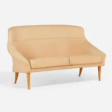 Triva-Träffen settee by Kerstin Hörlin-Holmquist, c. 1960, upholstery, beech, sold Aug 2024