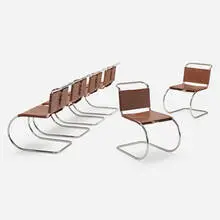Ludwig Mies van der Rohe, MR10 chairs, set of six, stainless steel, leather