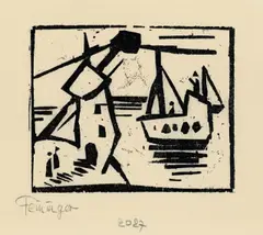 Windmühle und Boote by Lyonel Feininger, 1920, Holzschnitt auf Japan, sold May 2011