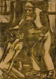 Christian Rohlfs, Rückkehr des verlorenen Sohnes, 1916, Holzschnitt in Olivgrün, überarbeitet mit Kohle, auf Papier